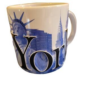 NYC Embossed Coffee Cup Mug Blue Statute of Liberty Brooklyn Bridge Americawear